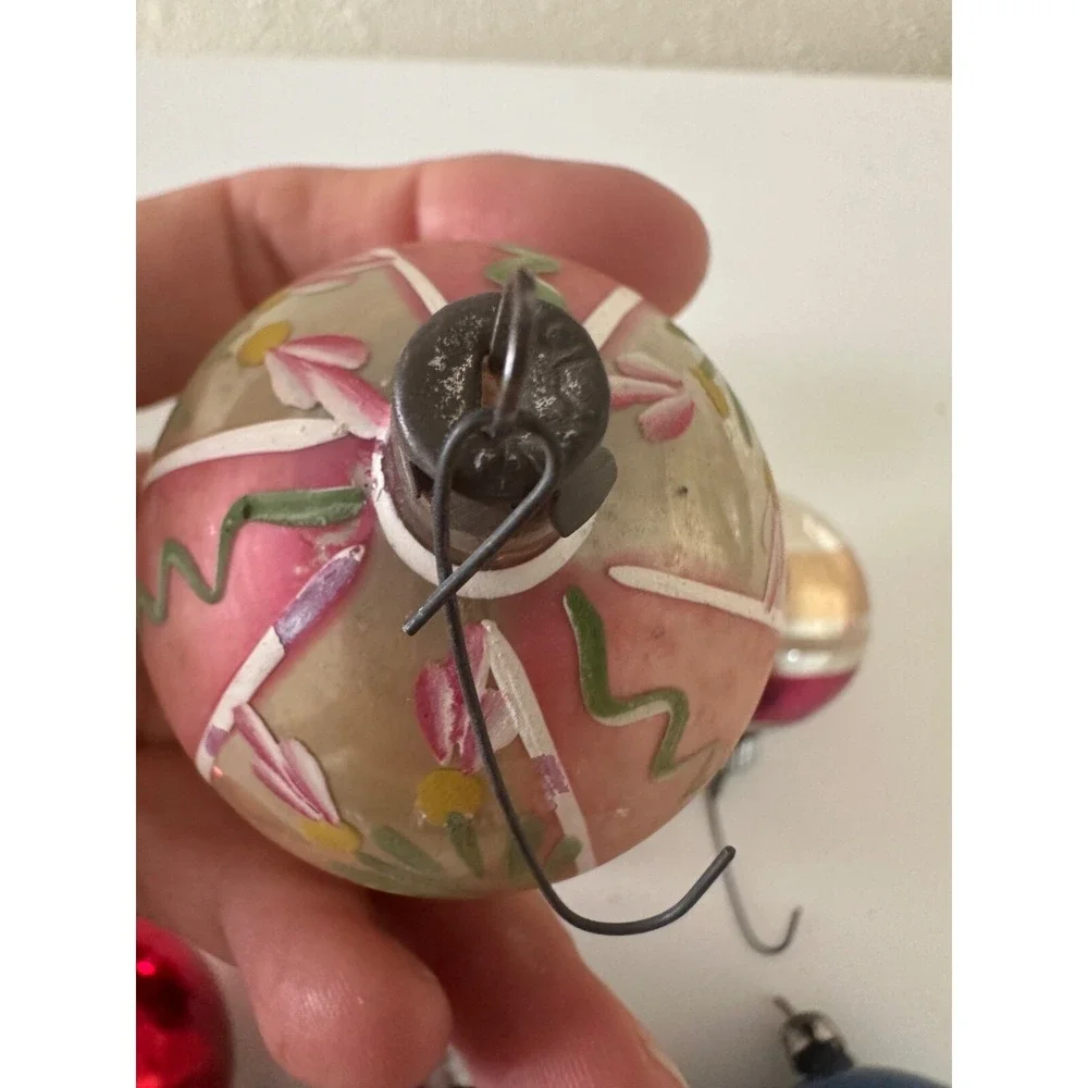 Vtg Poland Pink Flower Shiny Brite USA‎ Glass Ball Christmas Ornament Set 9